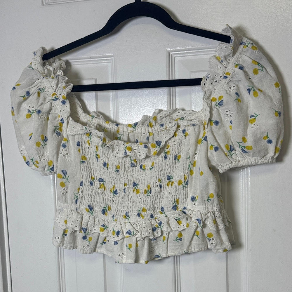 ZARA Floral Eyelet Puff Sleeve Smocked Back Ruffle Crop Top Cottagecore M - Picture 6 of 6
